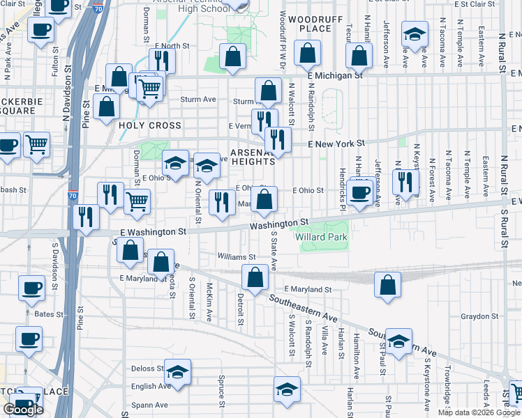 map of restaurants, bars, coffee shops, grocery stores, and more near 1603 East Market Street in Indianapolis