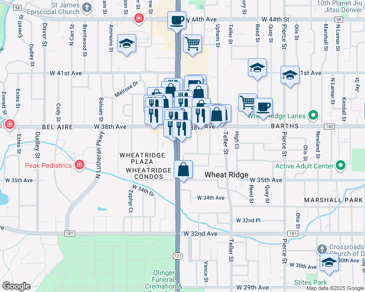 map of restaurants, bars, coffee shops, grocery stores, and more near 3660 Wadsworth Boulevard in Wheat Ridge