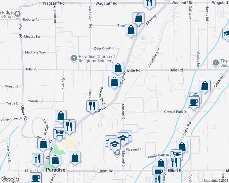 map of restaurants, bars, coffee shops, grocery stores, and more near 7409 Skyway in Paradise