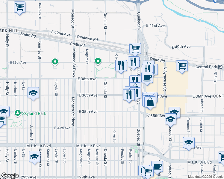 map of restaurants, bars, coffee shops, grocery stores, and more near 3631 Olive Street in Denver