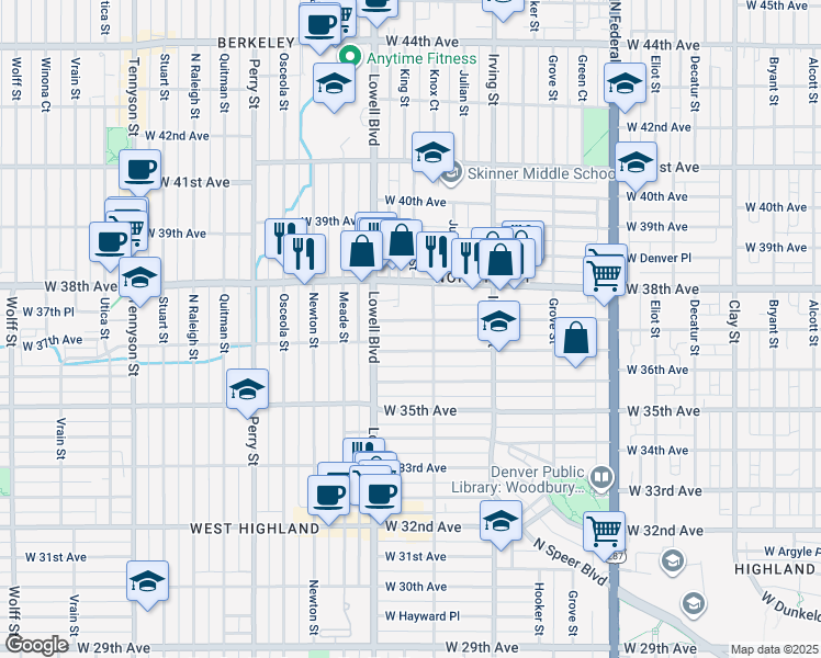 map of restaurants, bars, coffee shops, grocery stores, and more near 3426 West Clyde Place in Denver