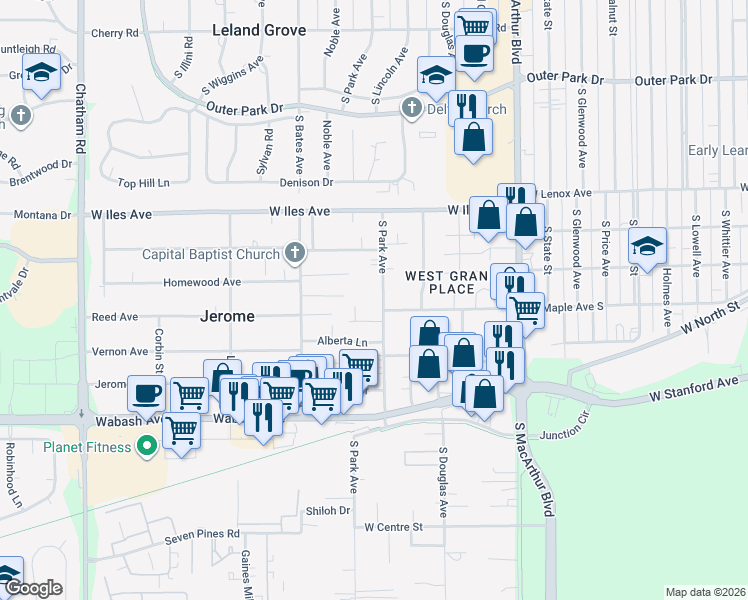 map of restaurants, bars, coffee shops, grocery stores, and more near 2709-2899 South Park Avenue in Jerome