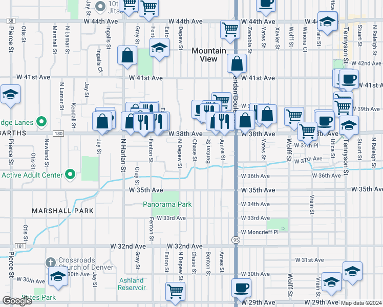 map of restaurants, bars, coffee shops, grocery stores, and more near 3739 Chase Street in Wheat Ridge