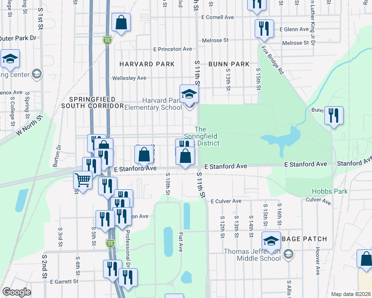 map of restaurants, bars, coffee shops, grocery stores, and more near 2624 Yale Boulevard in Springfield