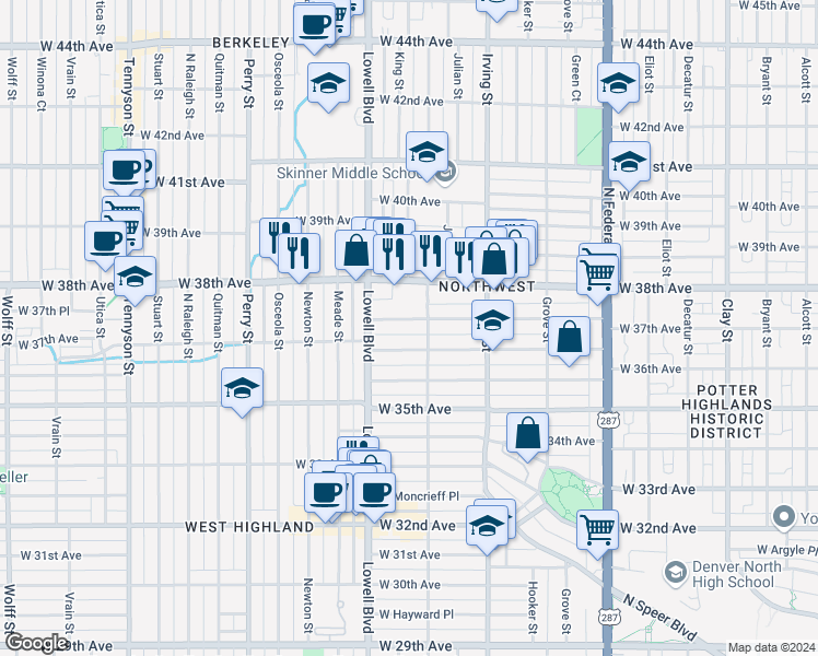 map of restaurants, bars, coffee shops, grocery stores, and more near 3426 West Clyde Place in Denver