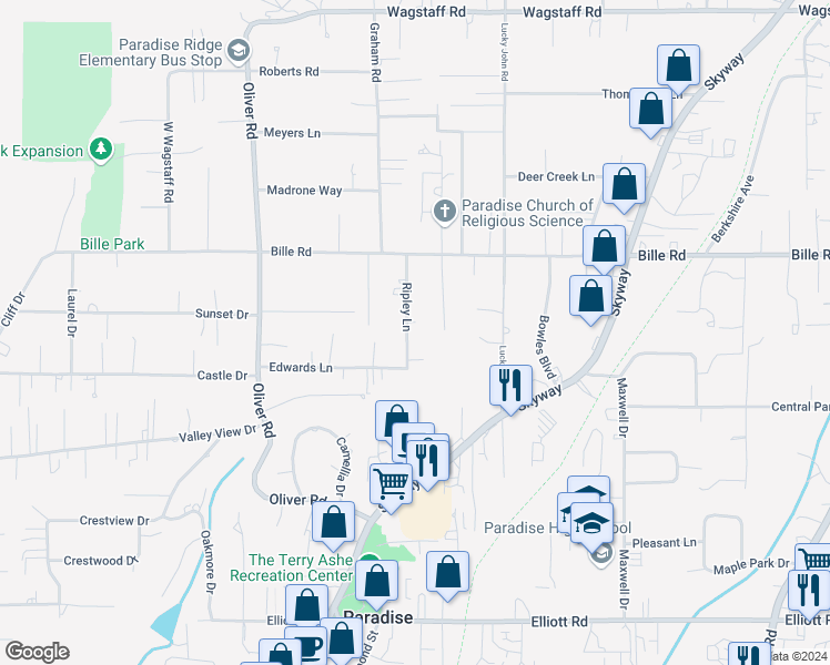 map of restaurants, bars, coffee shops, grocery stores, and more near 6124 Ripley Lane in Paradise