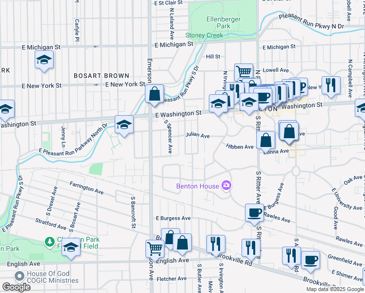map of restaurants, bars, coffee shops, grocery stores, and more near 132 South Butler Avenue in Indianapolis