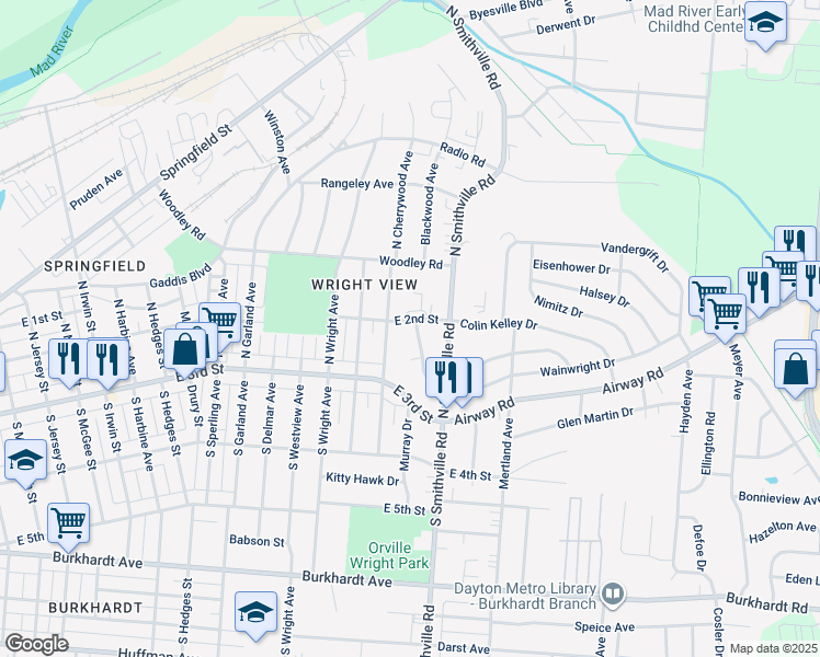 map of restaurants, bars, coffee shops, grocery stores, and more near 65 Murray Hill Drive in Dayton