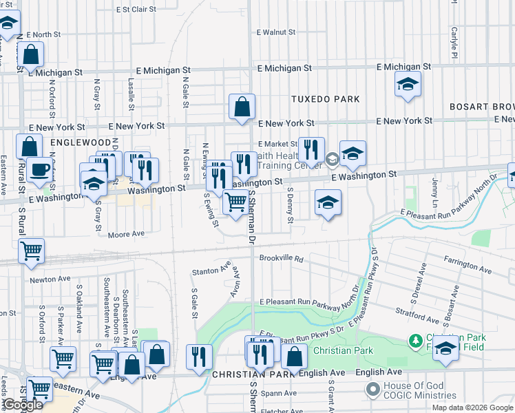map of restaurants, bars, coffee shops, grocery stores, and more near 35 North Sherman Drive in Indianapolis