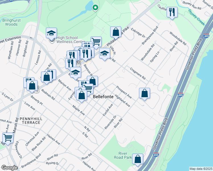 map of restaurants, bars, coffee shops, grocery stores, and more near 1205 Rosedale Avenue in Wilmington