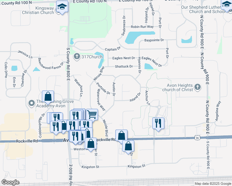 map of restaurants, bars, coffee shops, grocery stores, and more near 349 Austin Drive in Avon