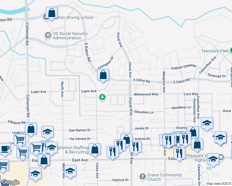 map of restaurants, bars, coffee shops, grocery stores, and more near 1168 Whitewood Way in Chico