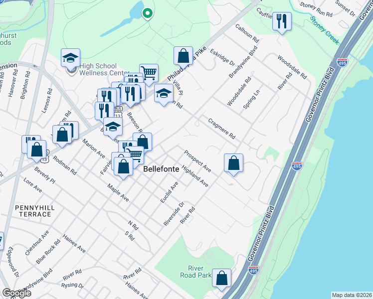 map of restaurants, bars, coffee shops, grocery stores, and more near 707 Prospect Avenue in Wilmington