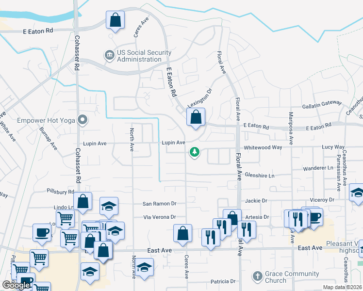 map of restaurants, bars, coffee shops, grocery stores, and more near 1087 Lupin Avenue in Chico