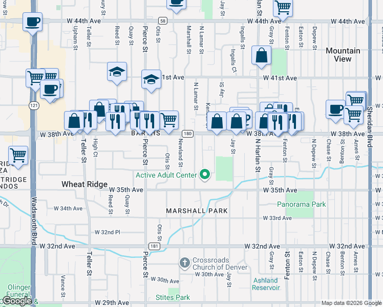 map of restaurants, bars, coffee shops, grocery stores, and more near 3700 Marshall Street in Wheat Ridge