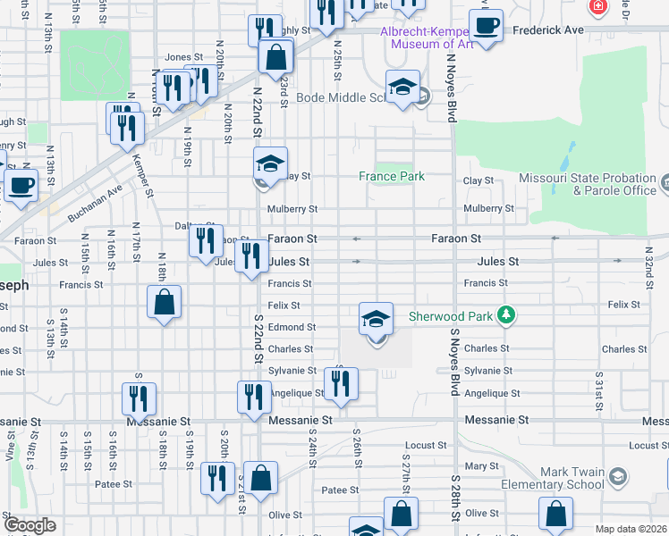 map of restaurants, bars, coffee shops, grocery stores, and more near 2502 Jules Street in Saint Joseph