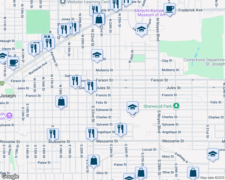 map of restaurants, bars, coffee shops, grocery stores, and more near 2402 Jules Street in St. Joseph