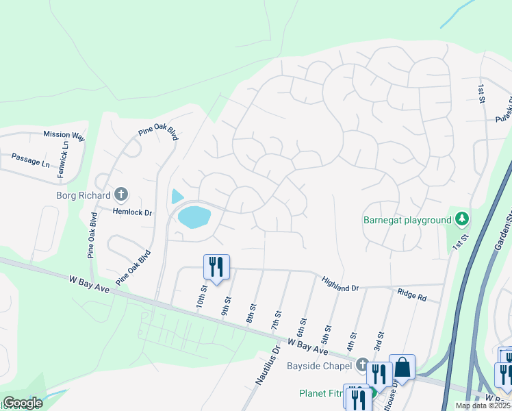 map of restaurants, bars, coffee shops, grocery stores, and more near 77 Mirage Boulevard in Barnegat Township