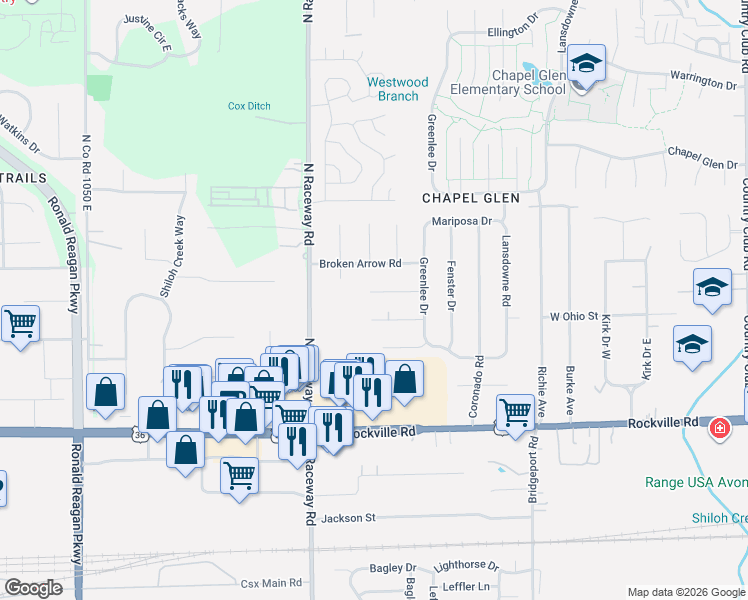 map of restaurants, bars, coffee shops, grocery stores, and more near 9033 Greenlee Circle in Indianapolis