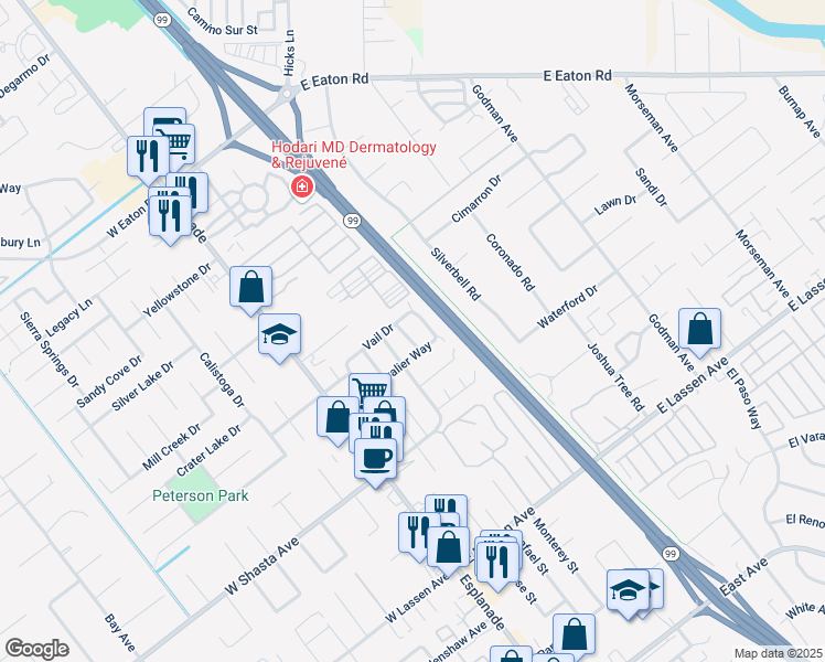 map of restaurants, bars, coffee shops, grocery stores, and more near 3072 Whistler Way in Chico