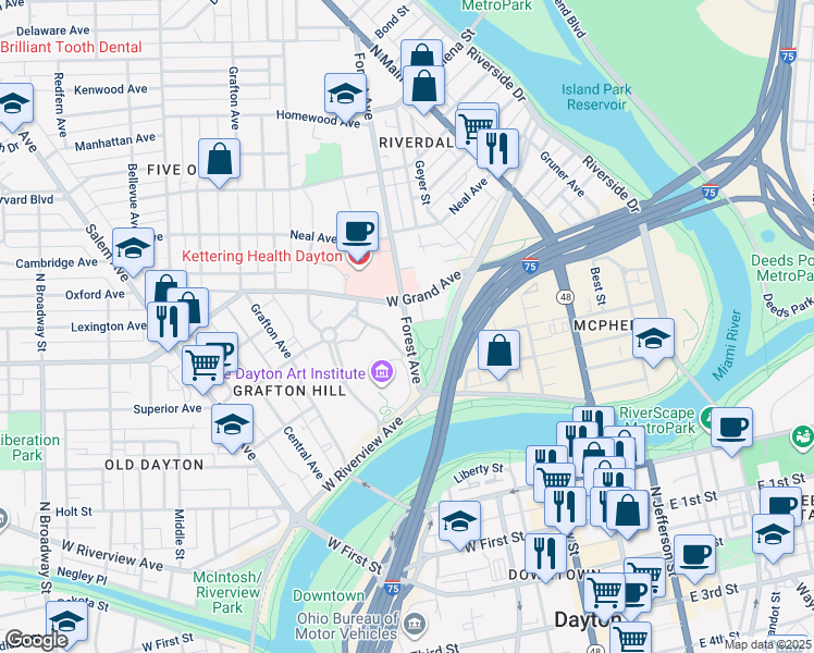 map of restaurants, bars, coffee shops, grocery stores, and more near 127 Forest Avenue in Dayton