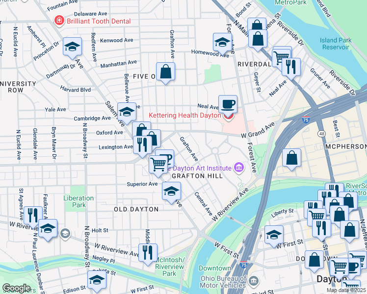 map of restaurants, bars, coffee shops, grocery stores, and more near 301 Grafton Avenue in Dayton