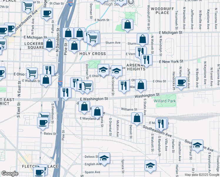 map of restaurants, bars, coffee shops, grocery stores, and more near 1326 East Market Street in Indianapolis