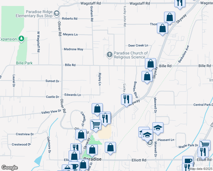 map of restaurants, bars, coffee shops, grocery stores, and more near 820 Ripley Lane in Paradise