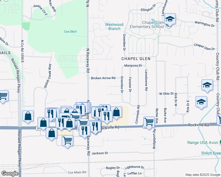 map of restaurants, bars, coffee shops, grocery stores, and more near 9033 Greenlee Circle in Indianapolis