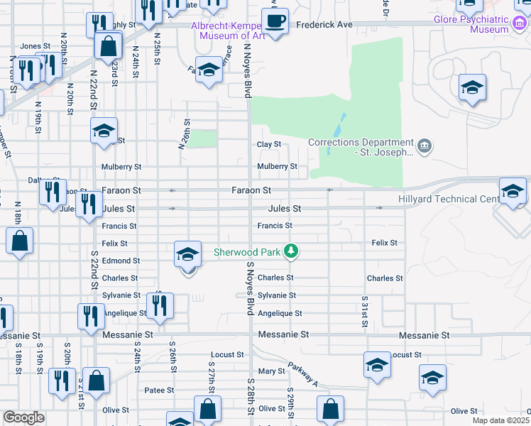 map of restaurants, bars, coffee shops, grocery stores, and more near 2814 Jules Street in Saint Joseph