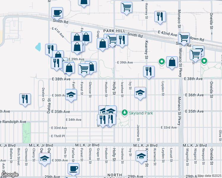 map of restaurants, bars, coffee shops, grocery stores, and more near 3630 Hudson Street in Denver