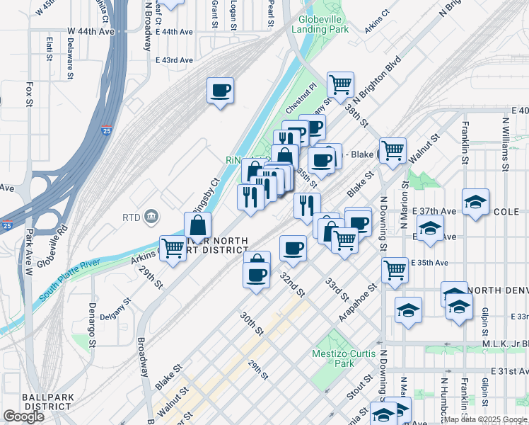 map of restaurants, bars, coffee shops, grocery stores, and more near 3310 Brighton Boulevard in Denver