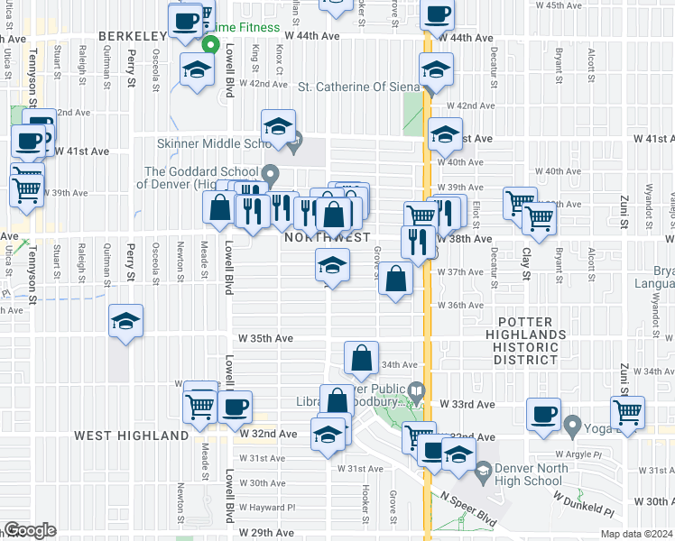 map of restaurants, bars, coffee shops, grocery stores, and more near 3725 Irving Street in Denver
