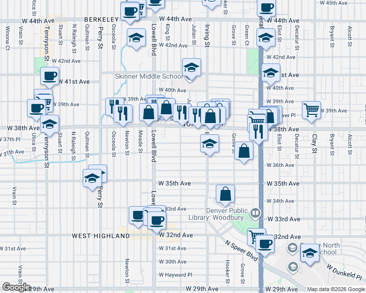 map of restaurants, bars, coffee shops, grocery stores, and more near 3364 West Clyde Place in Denver