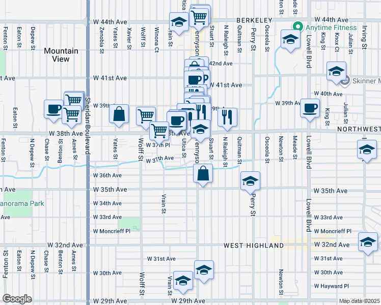 map of restaurants, bars, coffee shops, grocery stores, and more near 3755 Tennyson Street in Denver