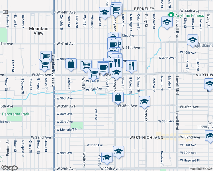 map of restaurants, bars, coffee shops, grocery stores, and more near 3755 Tennyson Street in Denver