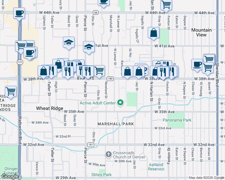 map of restaurants, bars, coffee shops, grocery stores, and more near 3700 Marshall Street in Wheat Ridge