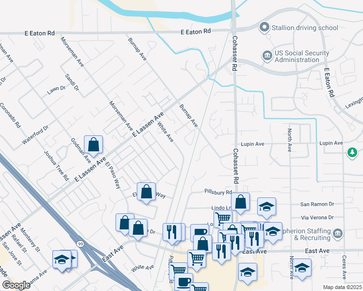 map of restaurants, bars, coffee shops, grocery stores, and more near 62 Tara Terrace in Chico