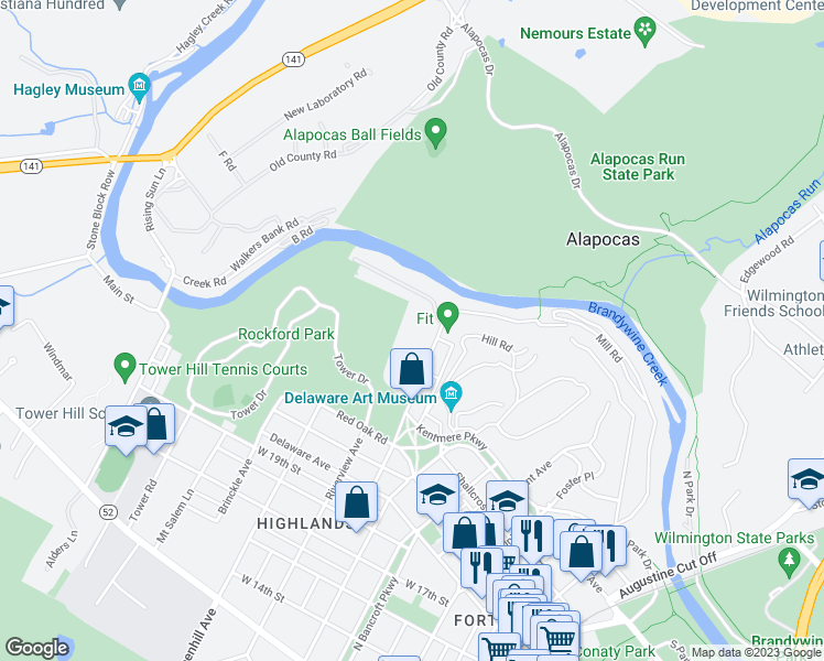 map of restaurants, bars, coffee shops, grocery stores, and more near 7 Rockford Road in Wilmington