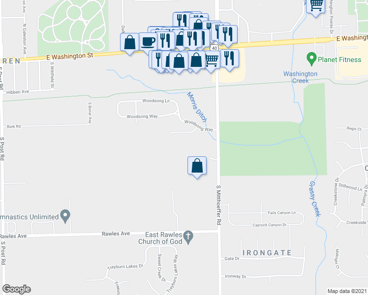map of restaurants, bars, coffee shops, grocery stores, and more near 248 Legends Creek Place in Indianapolis