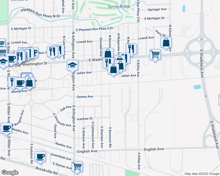 map of restaurants, bars, coffee shops, grocery stores, and more near 209 South Sheridan Avenue in Indianapolis