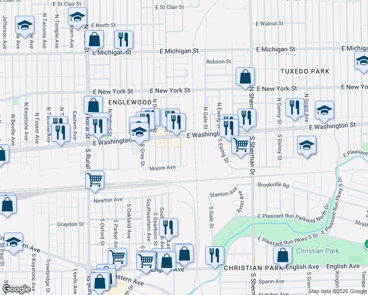 map of restaurants, bars, coffee shops, grocery stores, and more near 3409 Washington Street in Indianapolis