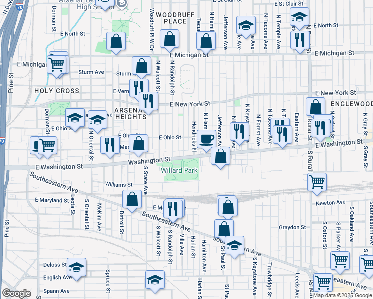 map of restaurants, bars, coffee shops, grocery stores, and more near in Indianapolis