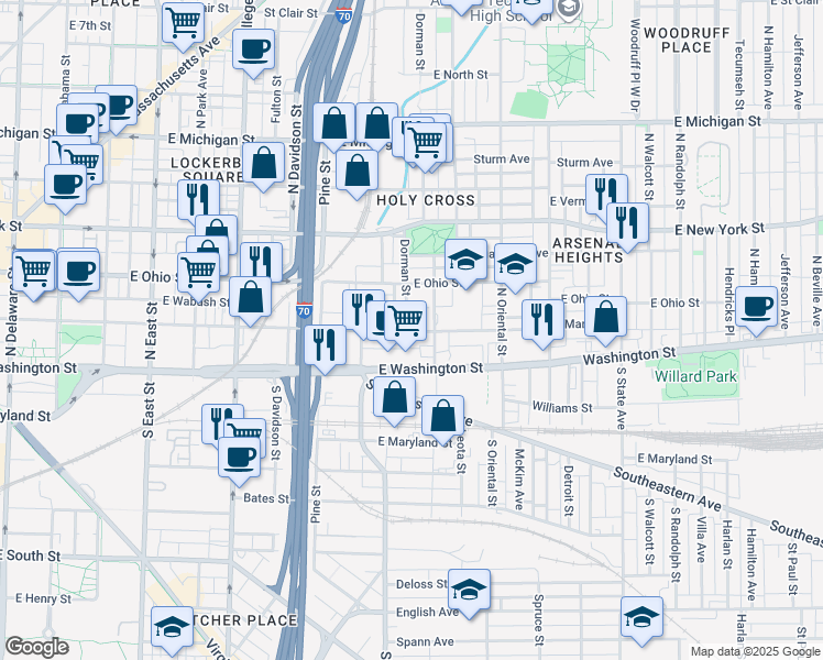 map of restaurants, bars, coffee shops, grocery stores, and more near 1117 East Market Street in Indianapolis
