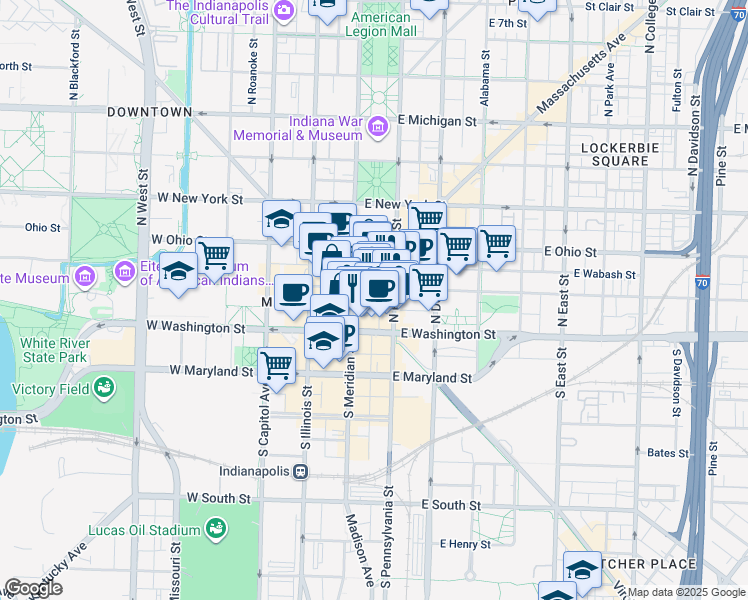 map of restaurants, bars, coffee shops, grocery stores, and more near 49 Monument Circle in Indianapolis