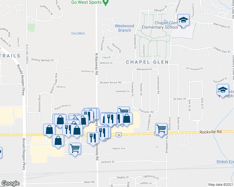map of restaurants, bars, coffee shops, grocery stores, and more near 9033 Greenlee Circle in Indianapolis