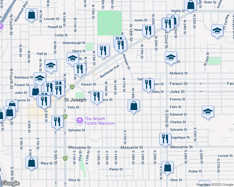 map of restaurants, bars, coffee shops, grocery stores, and more near 1616 Jules Street in Saint Joseph
