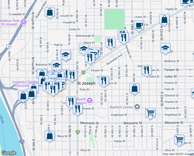 map of restaurants, bars, coffee shops, grocery stores, and more near 1202 Jules Street in Saint Joseph