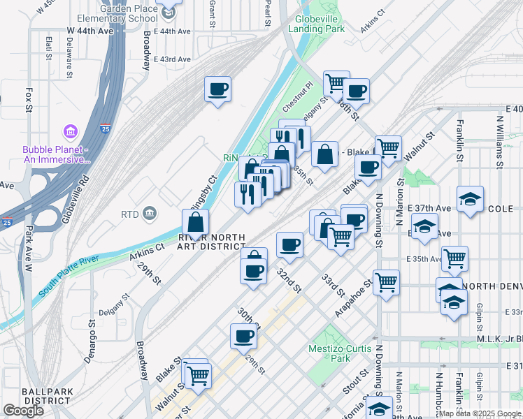 map of restaurants, bars, coffee shops, grocery stores, and more near 3310 Brighton Boulevard in Denver