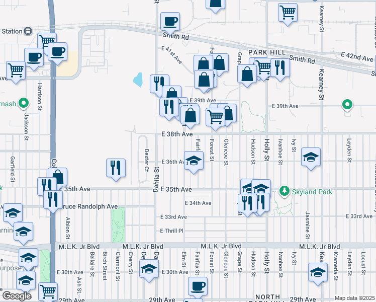 map of restaurants, bars, coffee shops, grocery stores, and more near 3665 Elm Street in Denver